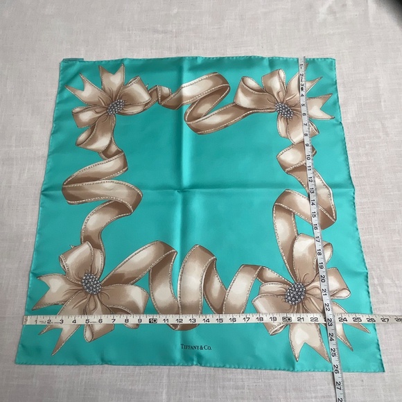 Tiffany & Co Tiffany Blue and Beige Ribbon Design Silk Scarf Hand-rolled  NEW - Picture 5 of 14